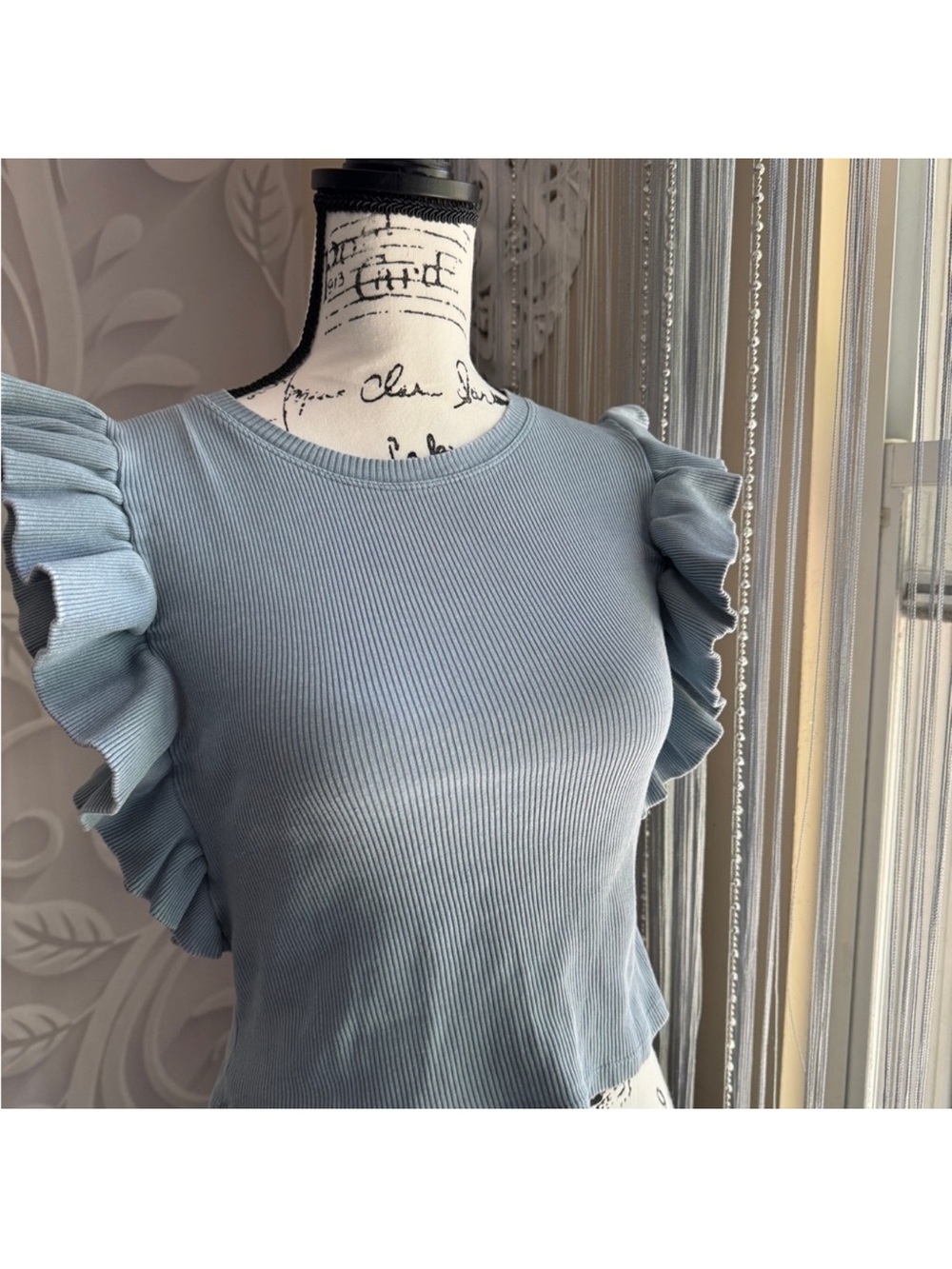 Zara Light Blue Ribbed Ruffle Sleeve Crop Top